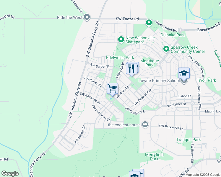 map of restaurants, bars, coffee shops, grocery stores, and more near 11879 Southwest Palermo Street in Wilsonville