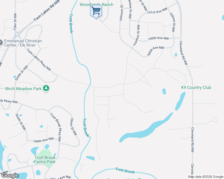 map of restaurants, bars, coffee shops, grocery stores, and more near 10057 191st Avenue Northeast in Elk River