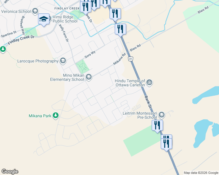 map of restaurants, bars, coffee shops, grocery stores, and more near 230 Pingwi Place in Ottawa