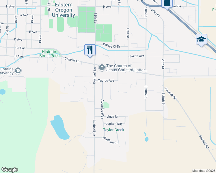 map of restaurants, bars, coffee shops, grocery stores, and more near 204 Scorpio Drive in La Grande
