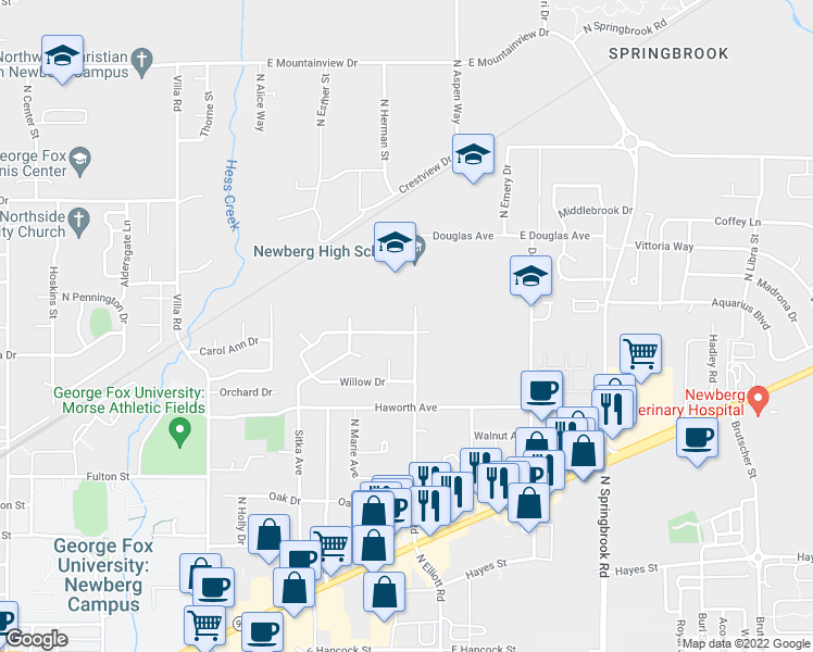 map of restaurants, bars, coffee shops, grocery stores, and more near 2409 Hawthorne Drive in Newberg