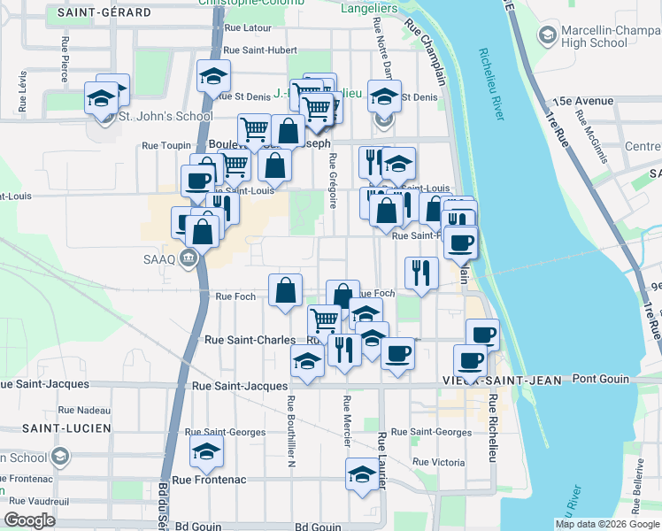 map of restaurants, bars, coffee shops, grocery stores, and more near 24 Rue Molleur in Saint-Jean-sur-Richelieu