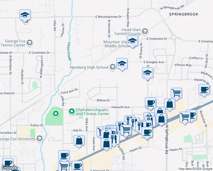 map of restaurants, bars, coffee shops, grocery stores, and more near 1300 Sitka Avenue in Newberg