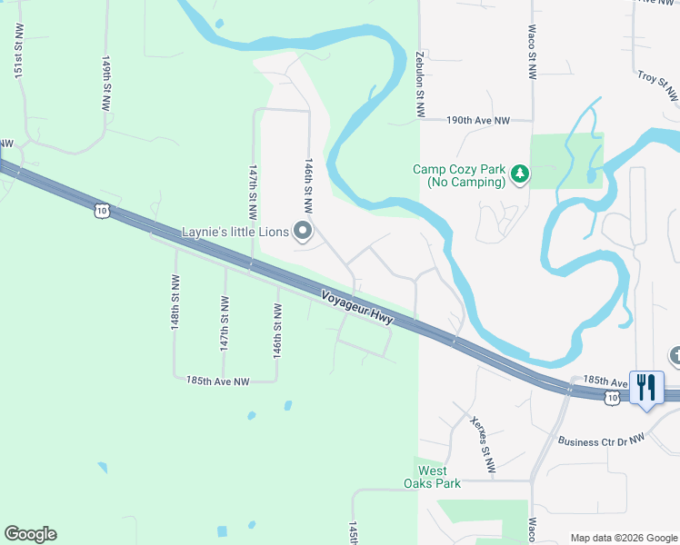map of restaurants, bars, coffee shops, grocery stores, and more near 18700 146th Street Northwest in Elk River