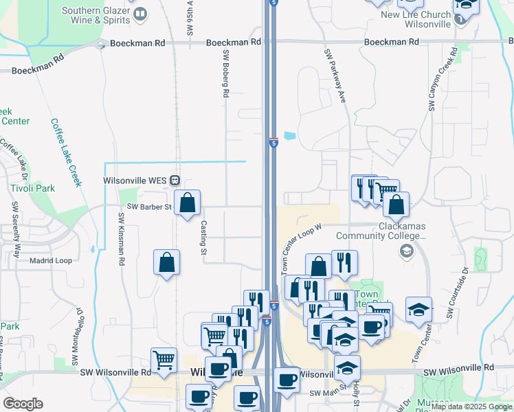 map of restaurants, bars, coffee shops, grocery stores, and more near 9155 Southwest Barber Street in Wilsonville