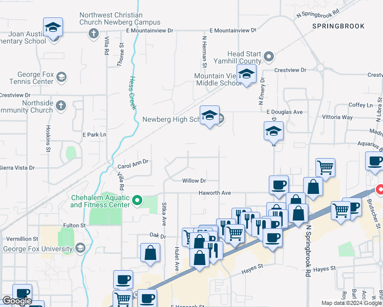 map of restaurants, bars, coffee shops, grocery stores, and more near 1300 Sitka Avenue in Newberg