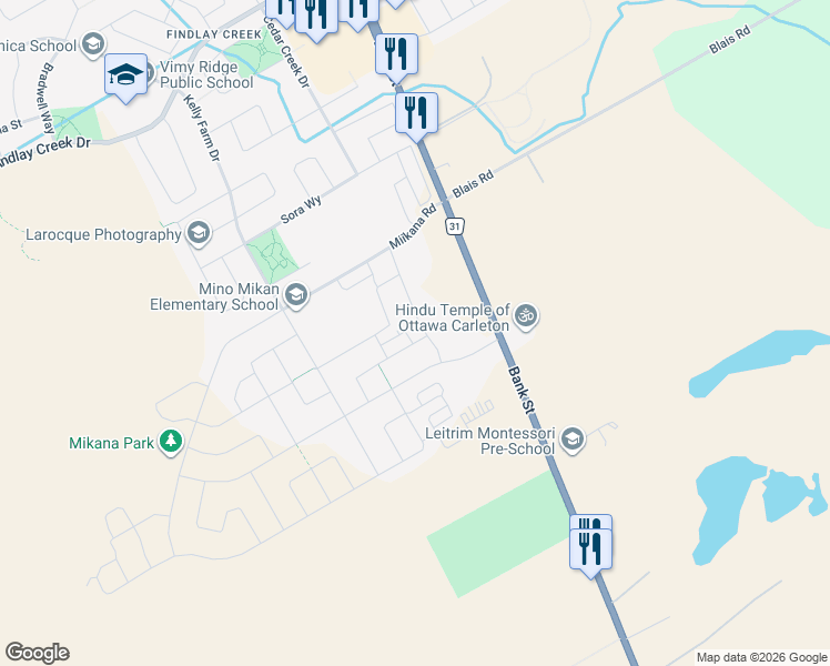 map of restaurants, bars, coffee shops, grocery stores, and more near 1063 Cedar Creek Drive in Ottawa
