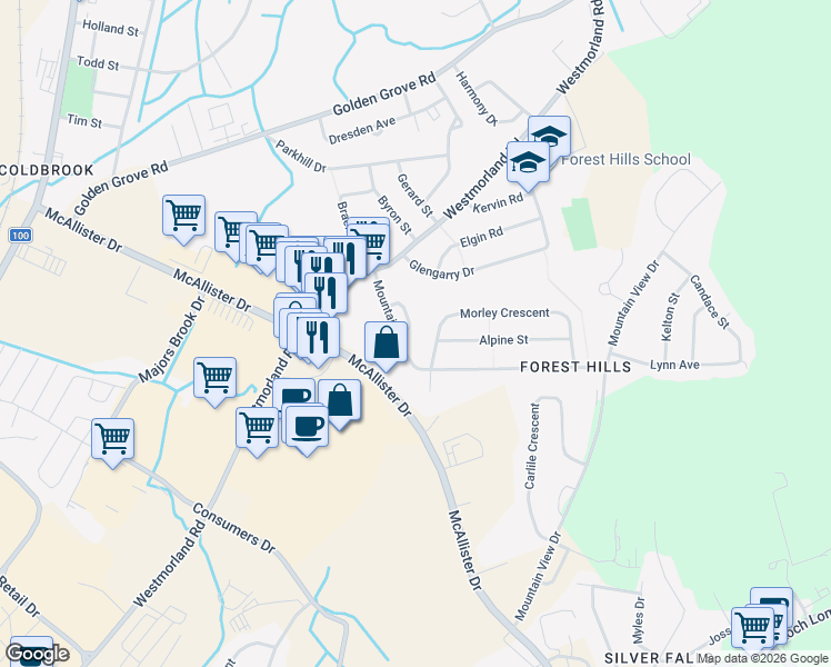map of restaurants, bars, coffee shops, grocery stores, and more near 21 Mountain Road in Saint John