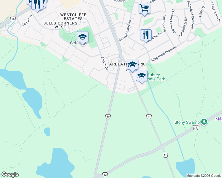 map of restaurants, bars, coffee shops, grocery stores, and more near 21 Forester Crescent in Ottawa