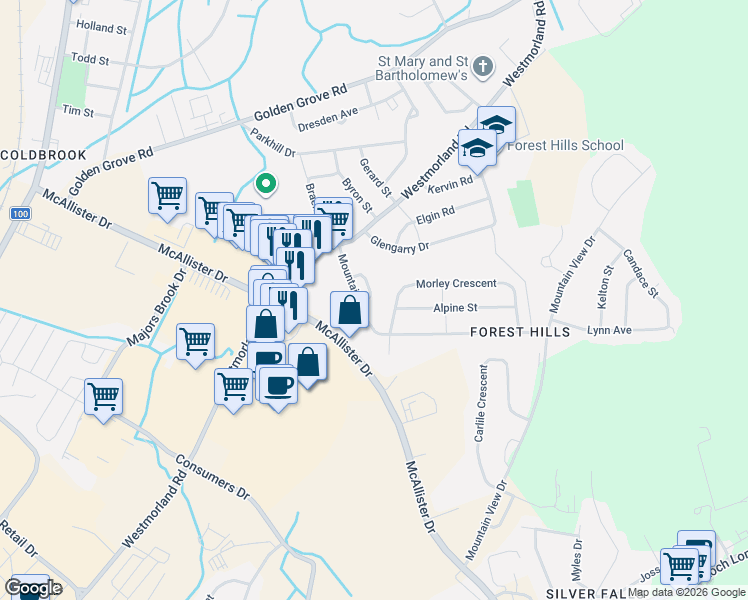 map of restaurants, bars, coffee shops, grocery stores, and more near 21 Mountain Road in Saint John