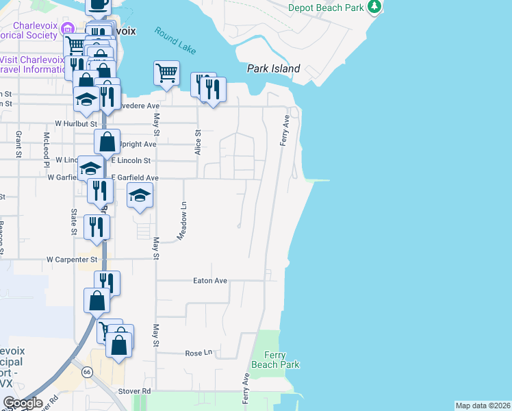 map of restaurants, bars, coffee shops, grocery stores, and more near 131 Browning Avenue in Charlevoix