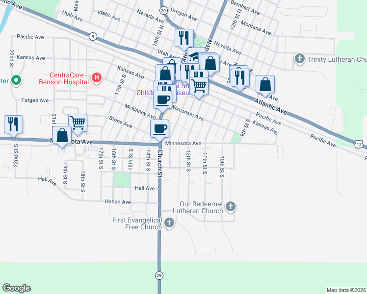 map of restaurants, bars, coffee shops, grocery stores, and more near 606 12th Street South in Benson