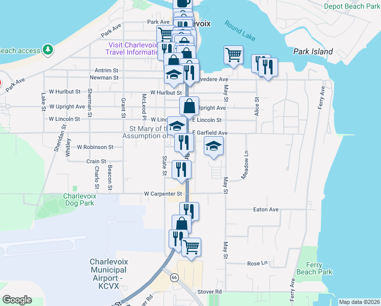 map of restaurants, bars, coffee shops, grocery stores, and more near 102 East Saint Mary's Drive in Charlevoix