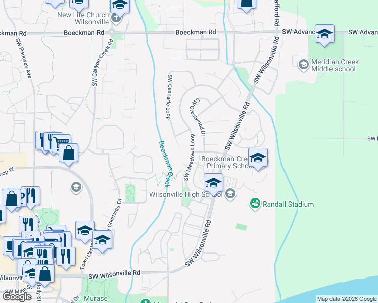 map of restaurants, bars, coffee shops, grocery stores, and more near 29005 Southwest Meadows Loop in Wilsonville