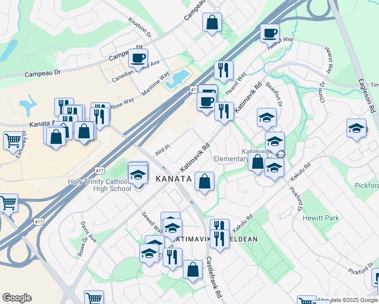 map of restaurants, bars, coffee shops, grocery stores, and more near 29 Jackman Terrace in Ottawa