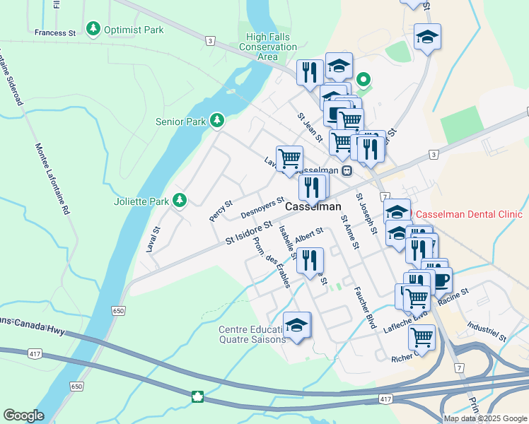 map of restaurants, bars, coffee shops, grocery stores, and more near 26 Desnoyers Street in Casselman