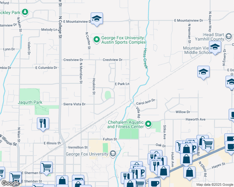 map of restaurants, bars, coffee shops, grocery stores, and more near 1221 North Pennington Drive in Newberg