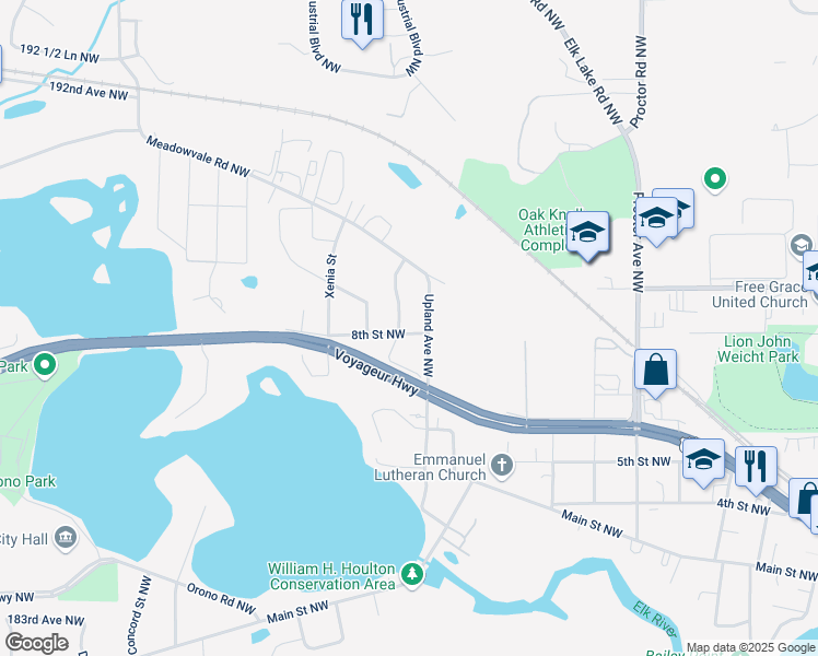 map of restaurants, bars, coffee shops, grocery stores, and more near 1718 8th Street Northwest in Elk River