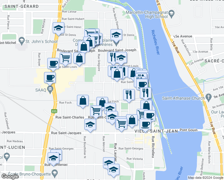 map of restaurants, bars, coffee shops, grocery stores, and more near 340 Rue Laurier in Saint-Jean-sur-Richelieu