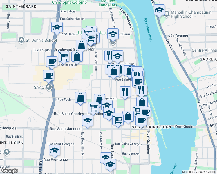 map of restaurants, bars, coffee shops, grocery stores, and more near 340 Rue Laurier in Saint-Jean-sur-Richelieu