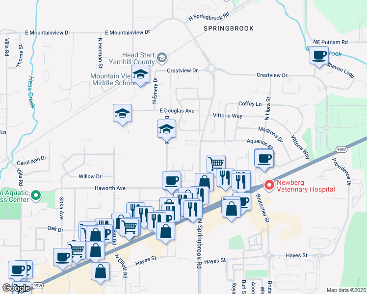 map of restaurants, bars, coffee shops, grocery stores, and more near 1412 Deborah Road in Newberg