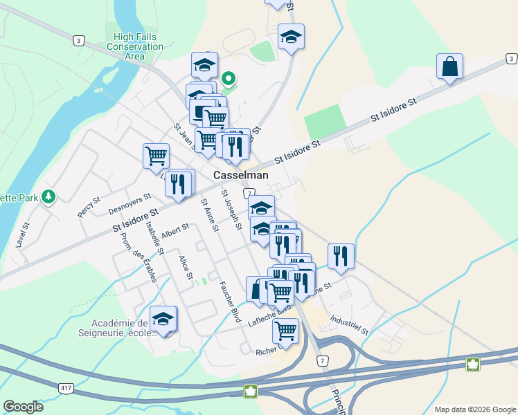 map of restaurants, bars, coffee shops, grocery stores, and more near 684 Principale Street in Casselman