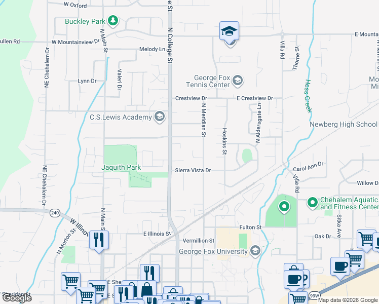 map of restaurants, bars, coffee shops, grocery stores, and more near 808 Hemlock Lane in Newberg