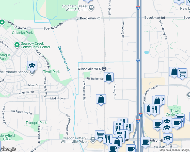 map of restaurants, bars, coffee shops, grocery stores, and more near 9699 Southwest Barber Street in Wilsonville