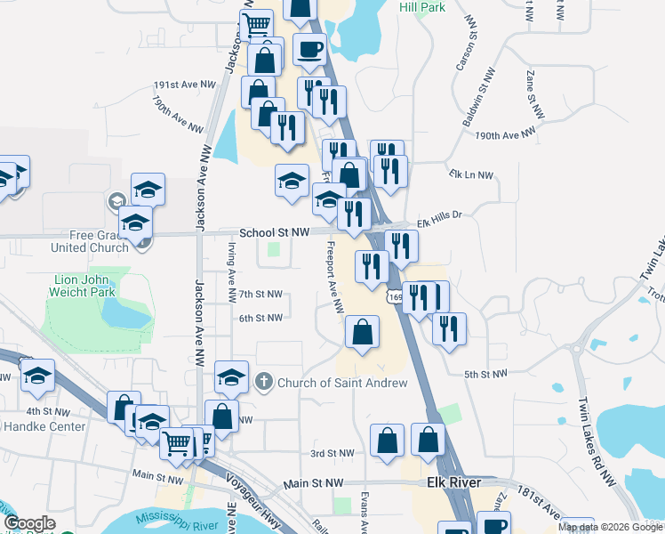 map of restaurants, bars, coffee shops, grocery stores, and more near 755 Freeport Avenue in Elk River