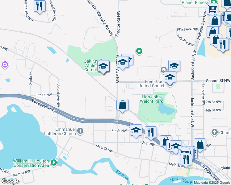 map of restaurants, bars, coffee shops, grocery stores, and more near 755 Proctor Avenue Northwest in Elk River