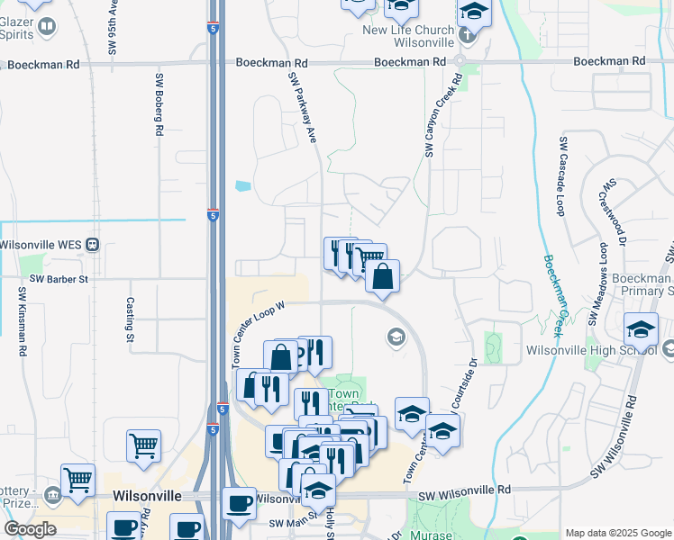 map of restaurants, bars, coffee shops, grocery stores, and more near 28900 Southwest Parkway Avenue in Wilsonville