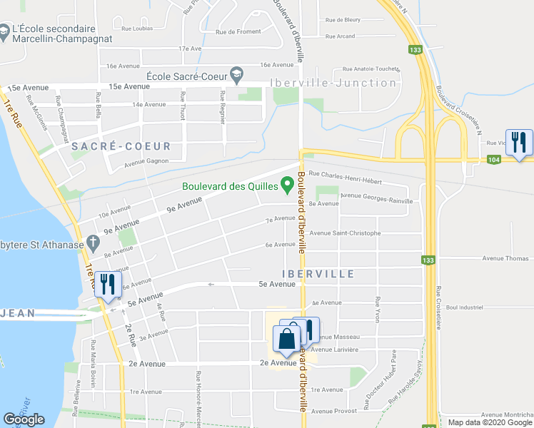 map of restaurants, bars, coffee shops, grocery stores, and more near 406 7e Avenue in Saint-Jean-sur-Richelieu