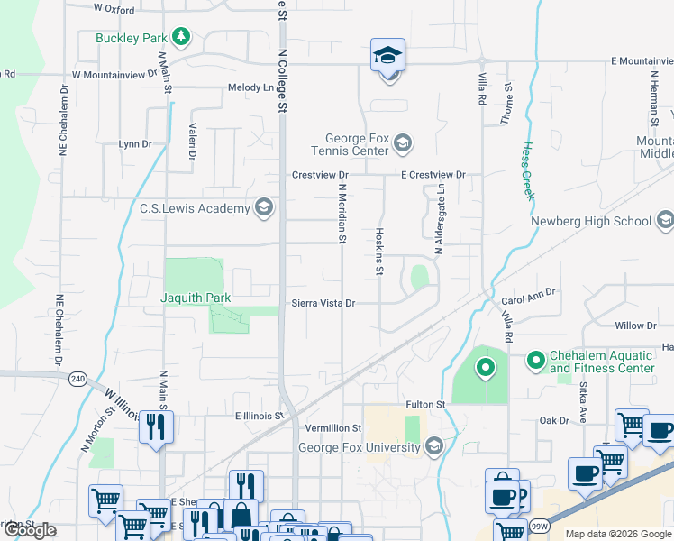 map of restaurants, bars, coffee shops, grocery stores, and more near 808 Hemlock Lane in Newberg