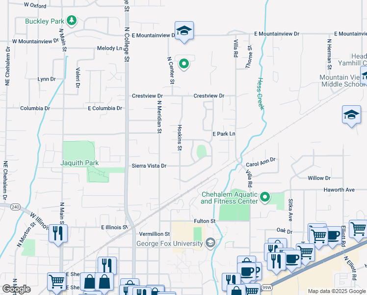 map of restaurants, bars, coffee shops, grocery stores, and more near 1404 Hoskins Street in Newberg