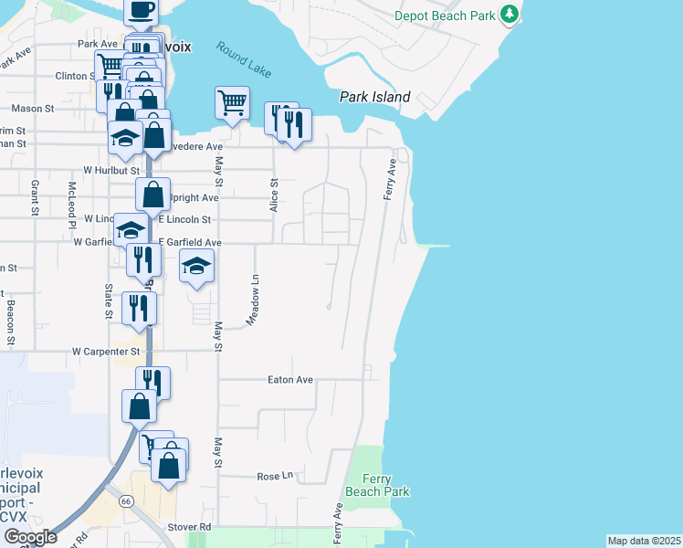 map of restaurants, bars, coffee shops, grocery stores, and more near 131 Browning Avenue in Charlevoix