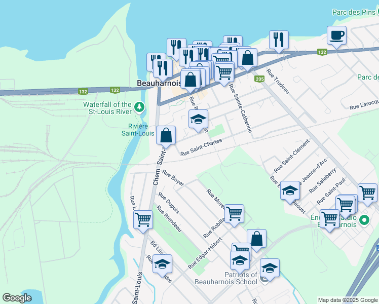 map of restaurants, bars, coffee shops, grocery stores, and more near 126 A Rue Saint-Charles in Beauharnois