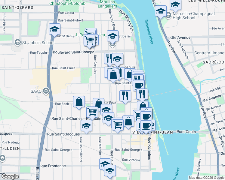 map of restaurants, bars, coffee shops, grocery stores, and more near 347 Rue Laurier in Saint-Jean-sur-Richelieu