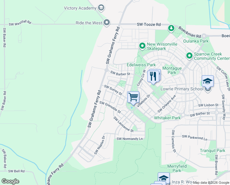 map of restaurants, bars, coffee shops, grocery stores, and more near 12002 Southwest Surrey Street in Wilsonville