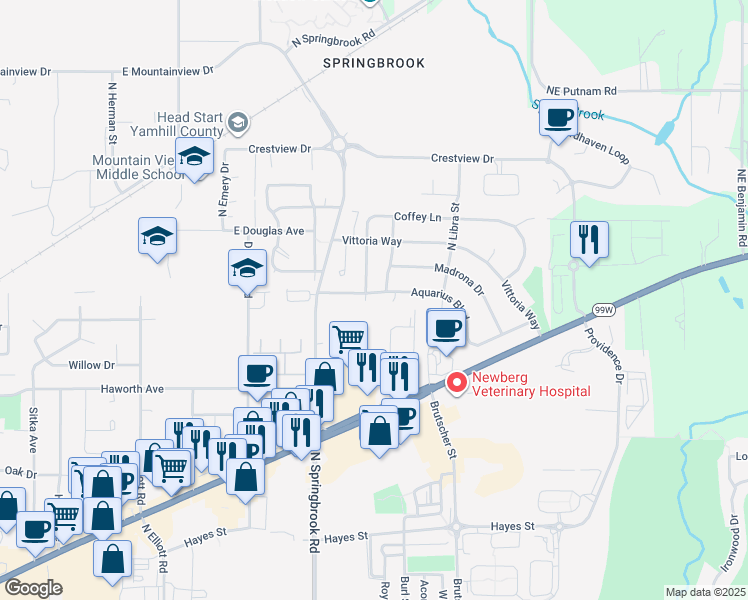 map of restaurants, bars, coffee shops, grocery stores, and more near 1408 Coffey Lane in Newberg
