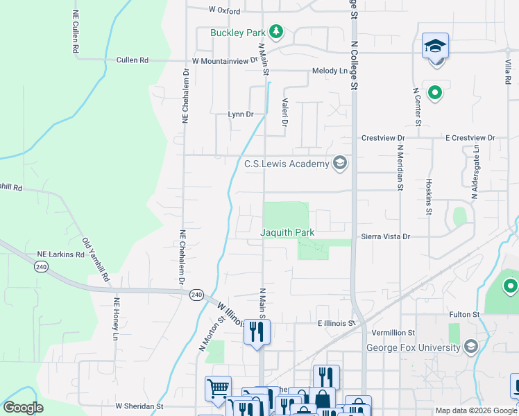 map of restaurants, bars, coffee shops, grocery stores, and more near 1417 North Main Street in Newberg