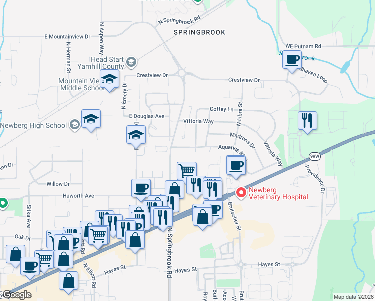map of restaurants, bars, coffee shops, grocery stores, and more near 3304 Aquarius Boulevard in Newberg