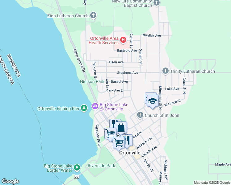 map of restaurants, bars, coffee shops, grocery stores, and more near 428 Park Avenue North in Ortonville