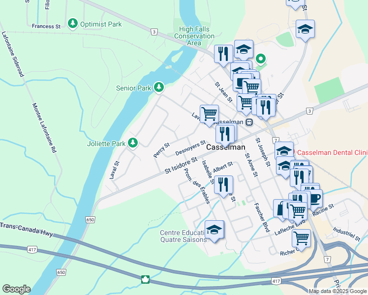 map of restaurants, bars, coffee shops, grocery stores, and more near 26 Desnoyers Street in Casselman