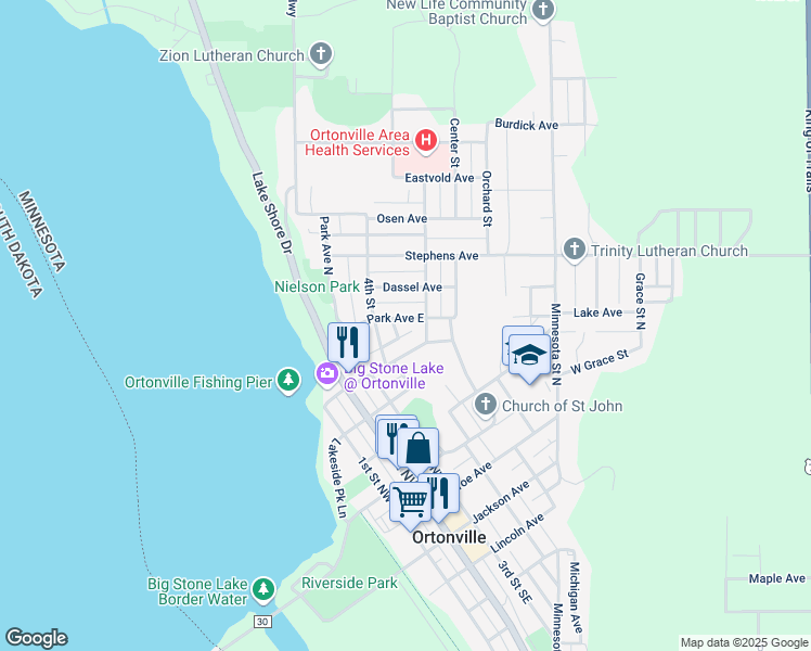 map of restaurants, bars, coffee shops, grocery stores, and more near 428 Park Avenue North in Ortonville