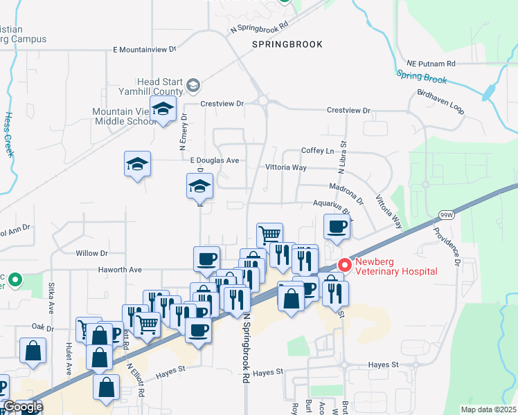 map of restaurants, bars, coffee shops, grocery stores, and more near 3204A Aquarius Boulevard in Newberg
