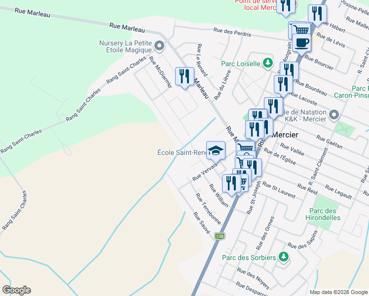 map of restaurants, bars, coffee shops, grocery stores, and more near 11 Rue Villeneuve in Mercier