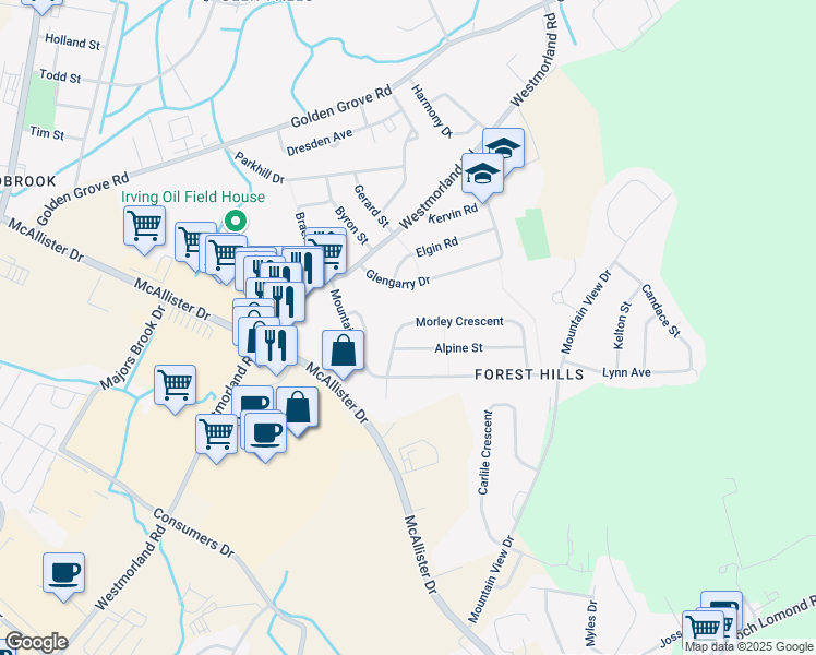 map of restaurants, bars, coffee shops, grocery stores, and more near 12 Morley Crescent in Saint John