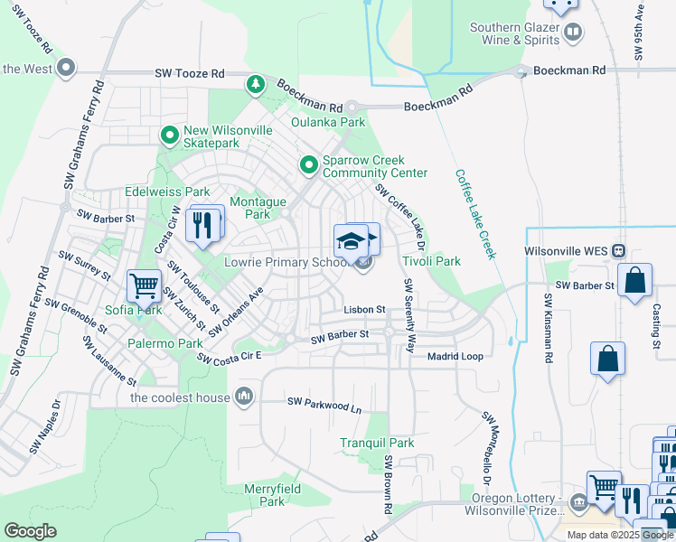 map of restaurants, bars, coffee shops, grocery stores, and more near 10995 Southwest Saint Moritz Loop in Wilsonville
