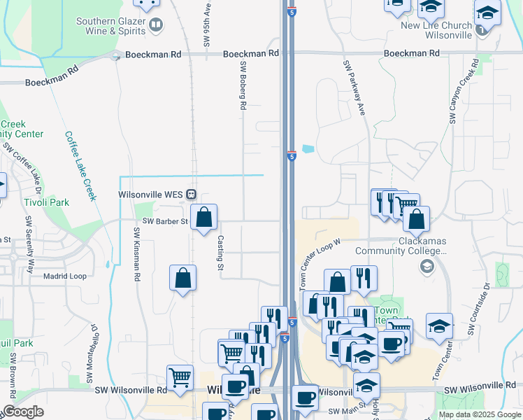 map of restaurants, bars, coffee shops, grocery stores, and more near 9155 Southwest Barber Street in Wilsonville
