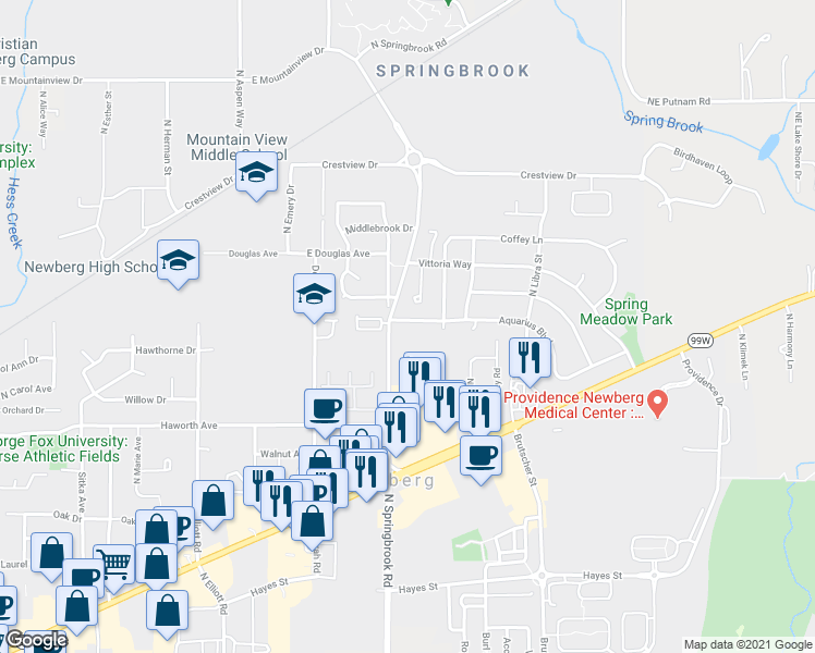 map of restaurants, bars, coffee shops, grocery stores, and more near 3204A Aquarius Boulevard in Newberg